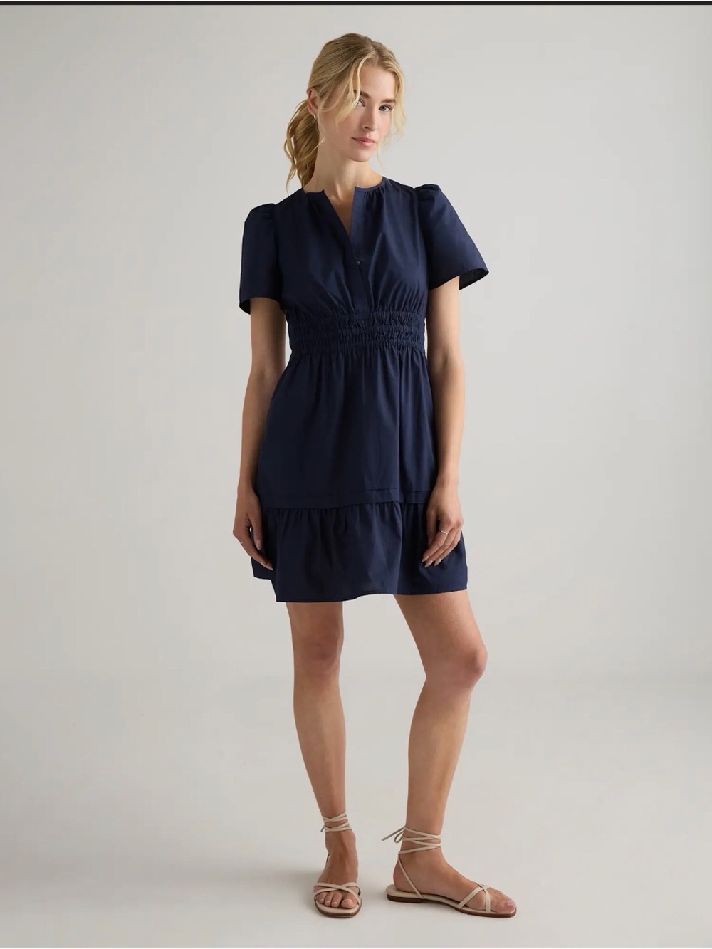 Quince Organic Cotton Poplin Tiered Mini Dress in Navy Blue